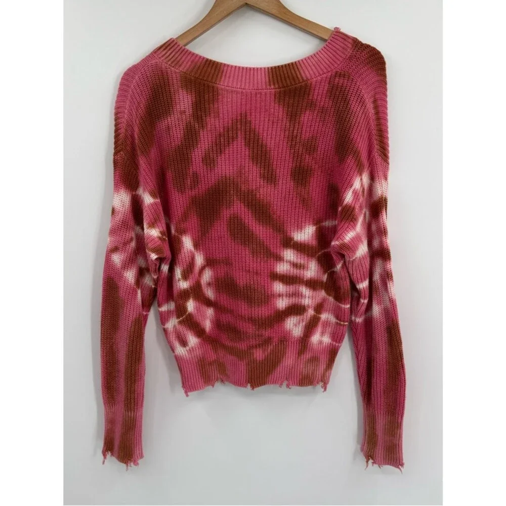 Young Fabulous & Broke Tie Dye Distressed V-Neck Sweater | Pink Multi | Small